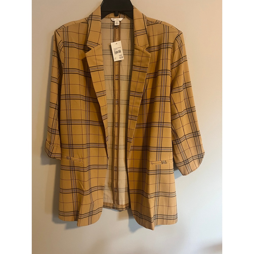 Cato Women Camel Plaid Open Front Blazer Jacket Size L NWT